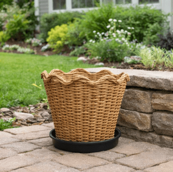 10" Wave Rattan Planter Pot with Black Plastic Saucer | Woven by Quality Indonesian Rattan | Durable Scalloped Rim Design | Lightweight Plant Pot | Home & Garden & Indoor & Outdoor Use