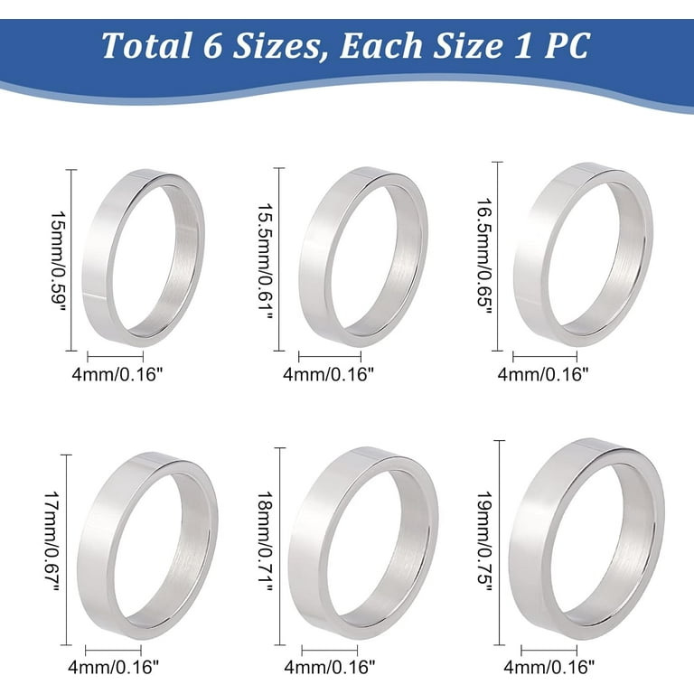 6Pcs 6 Sizes 15.5~18mm Inner Diameter Finger Ring 304 Stainless