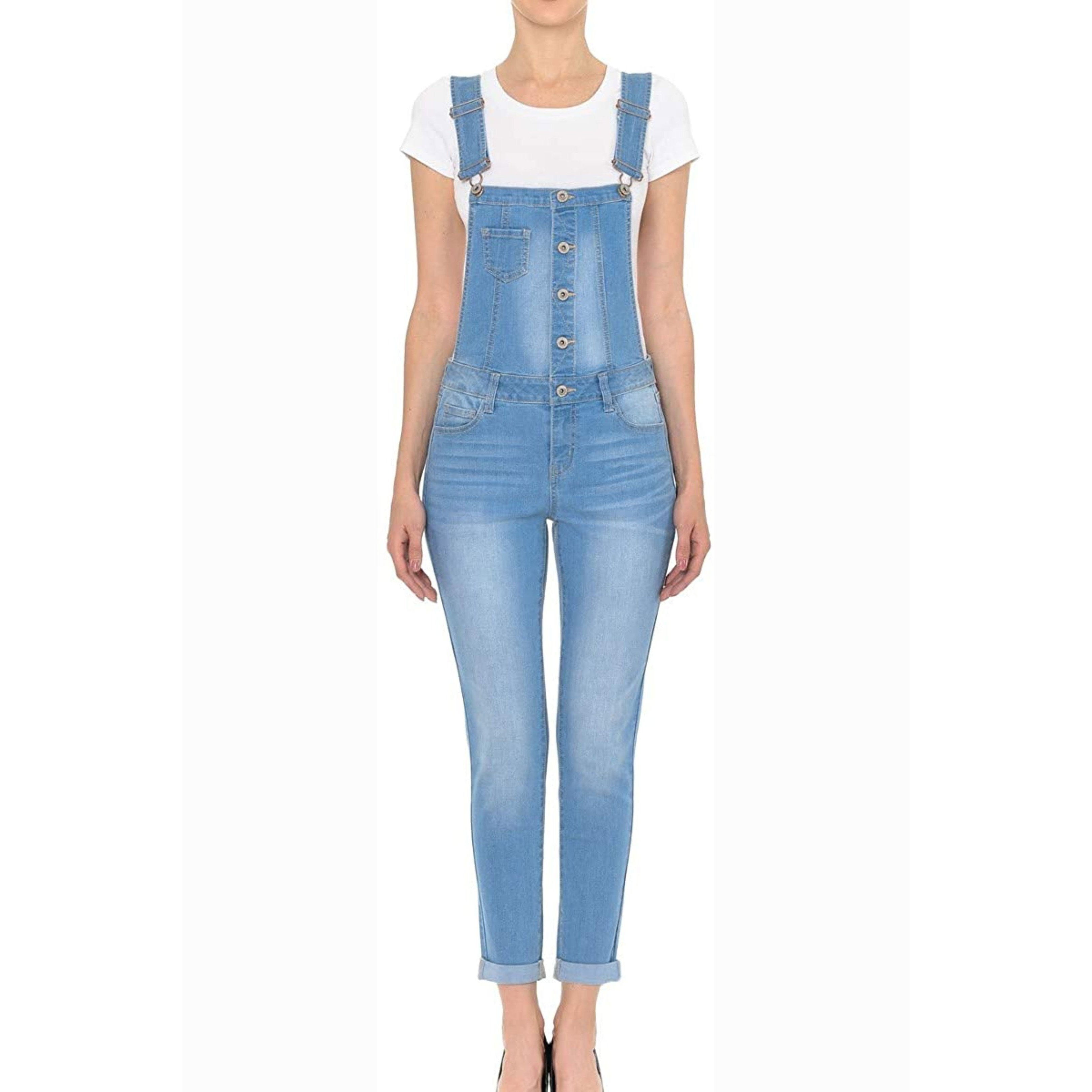 Wax Women's Juniors Cute Denim Overalls with Exposed Buttons 90166