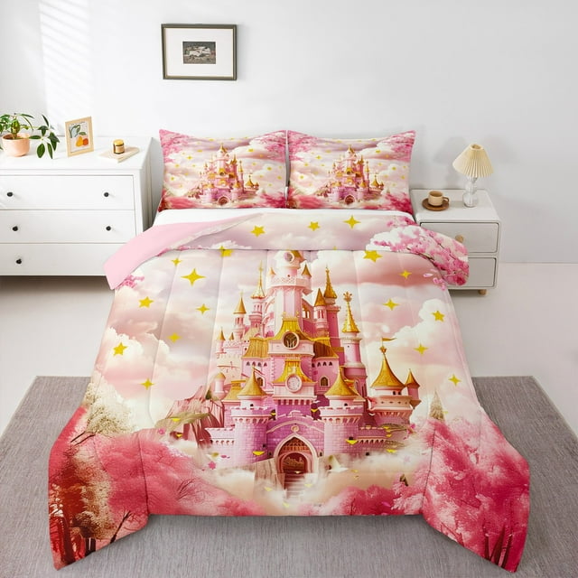 Erosebridal Ensemble de Literie Château Rose, Ensemble de Couette Princesse Rêveuse, Couette Réversible Fleurs en Fleurs, Décoration de Chambre Super Confortable, 2 Pcs