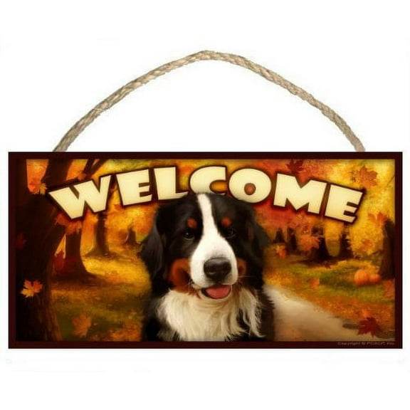 Bernese Mountain Dog Autumn Season Welcome Dog Sign / Plaque featuring the art of Scott Rogers