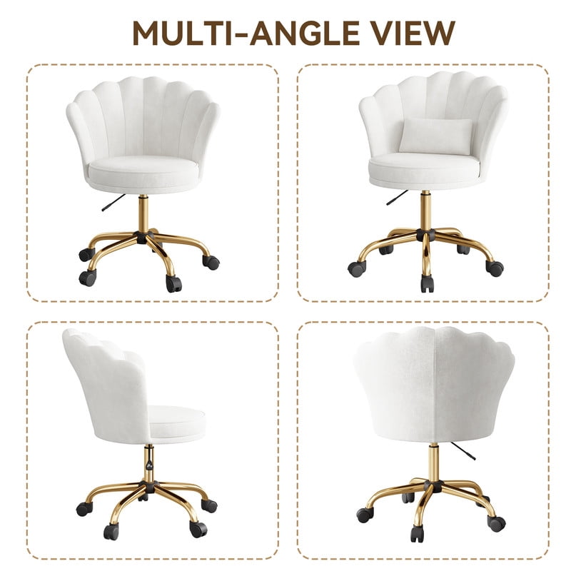 Hawsaiy Shell Back Home Office Chair with Lumbar Pillow, Modern Upholstered Desk Chair with Gold Metal Base, Swivel Adjustable Computer Chair for Home Office, White