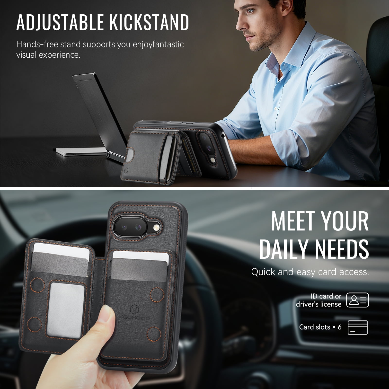 For Google Pixel 10A Phone Case,2-in-1 Magnetic Removable Flip Card Holder,Compatible With Mag-Safe,Anti-Scratch PU Leather,With Card Slots,Kickstand,Shockproof Durable Phone Case,Black