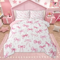 Manfei Teens Children Cartoon Ribbon Bowtie 2pcs Bedding Comforter Set,Love Heart Stars Print Twin Comforter Sets,Kawaii Cute Breathable Bedding Set,Ultra Soft Home Decor,Reversible