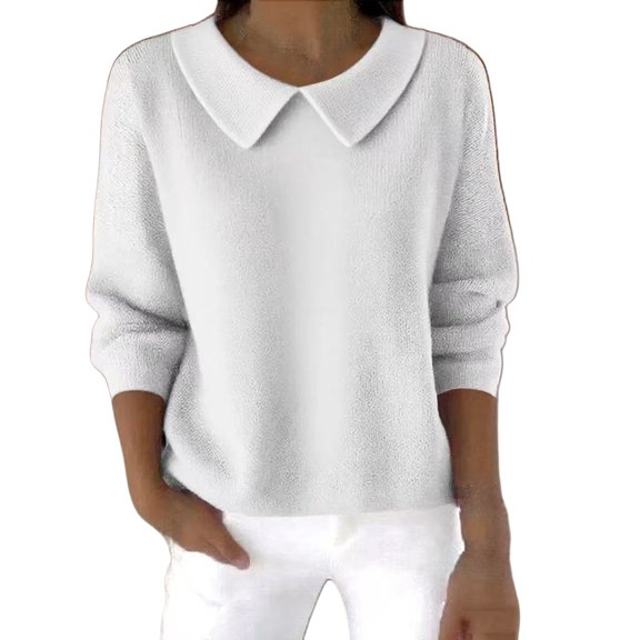 Sillenn Womens Trendy Long Sleeve Peter Pan Collar Sweater Lightweight Casual Knit Basic Pullover Sweaters Oversized Cute Pullover Sweatshirts Soft Stretchy Shirts Cozy Fall Winter Clothes White S
