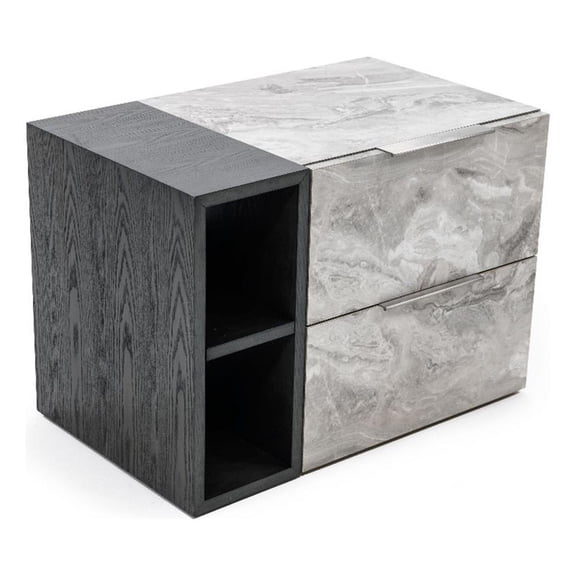 Benjara Noe Minn 26" Nightstand- 2 Drawers- Faux Marble Front Panels- Gray