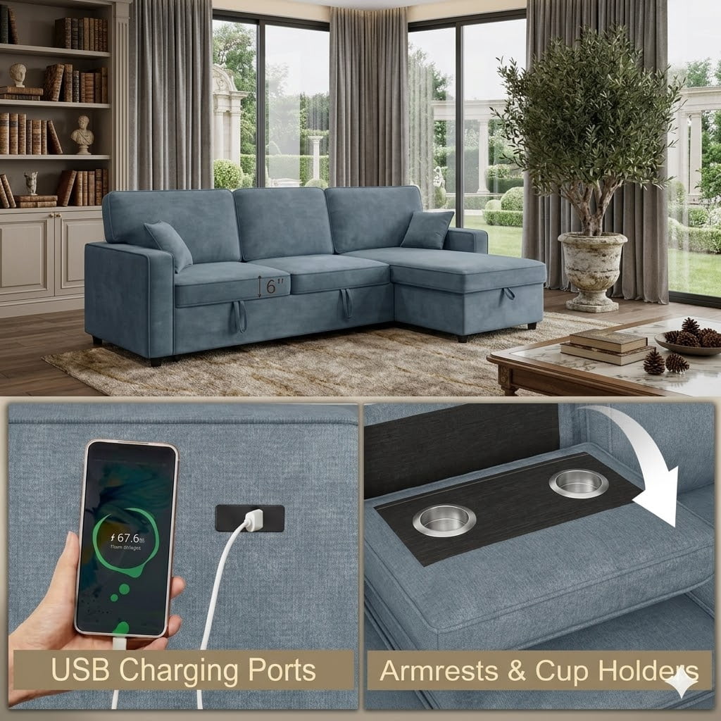 Howcool Sectional Sleeper Sofa,L Shaped Chenille Convertible Sofa Bed 89" 3 Seater with Flip-Down Center Console & USB Charging Ports,Pull Out Couch for Living Room Apartment Office,Blue