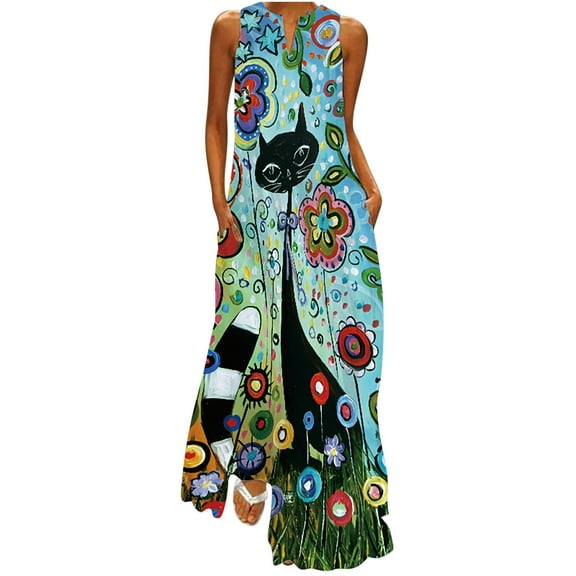 LEAVINGSUO Sleeveless Dresses for Women Casual Summer Women's Casual Long Dress with Pocket Floral Print Sleeveless Maxi Dress