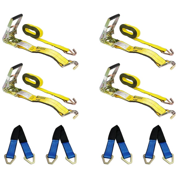 Car Tie Down Straps Kit for Trailers - 4PK 2" x 30' Yellow Ratchet Strap with Wire Hooks, 10,000 lbs BS & 4PK 2" x 36' HD Axle Straps for Car Hauler, Tow Truck