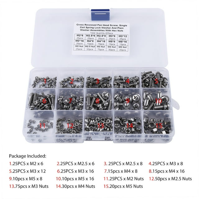 FAGINEY Kit de 400 Pcs Vis et Écrous pour Tête de Poêle Croisée M2 M2.5 M3 M4 M5, Vis Croisées M2, Tête de Poêle Croisée avec Rondelle