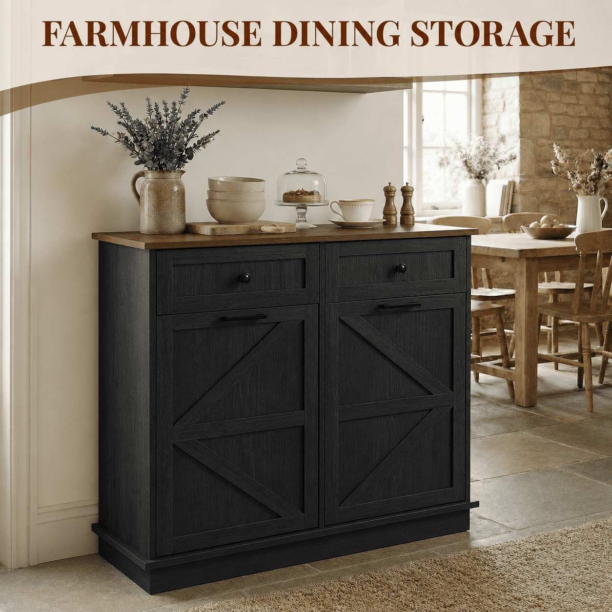 Leumius Tilt Out Trash Can Cabinet for Kitchen, Double 10-Gallon Hidden Trash Cabinet with Drawer, Farmhouse Wooden Garbage Cabinet, Dog Proof Storage