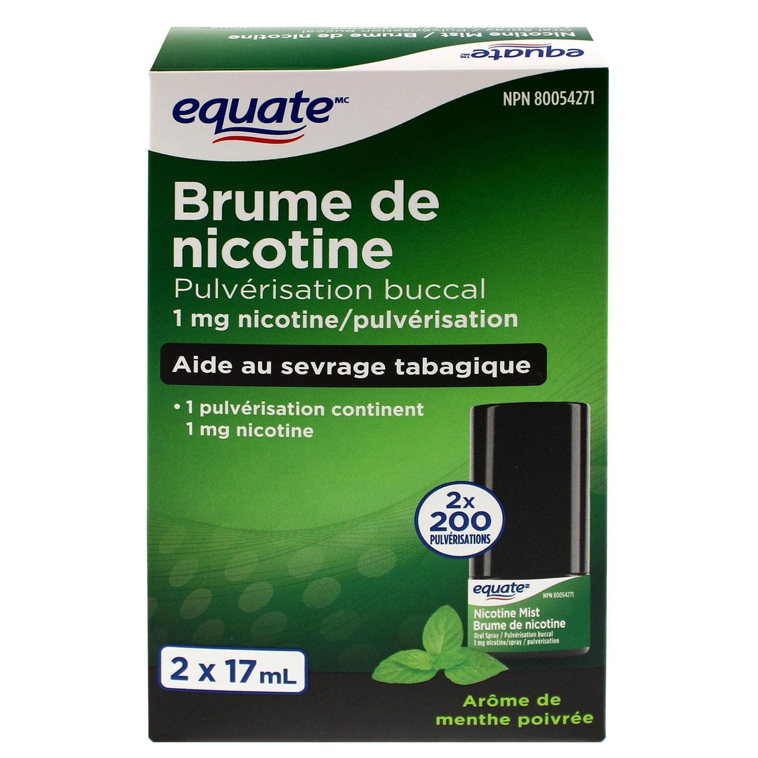 Brume de nicotine pulvérisation buccal, Arôme de menthe poivrée Equate 2 x 17 ml