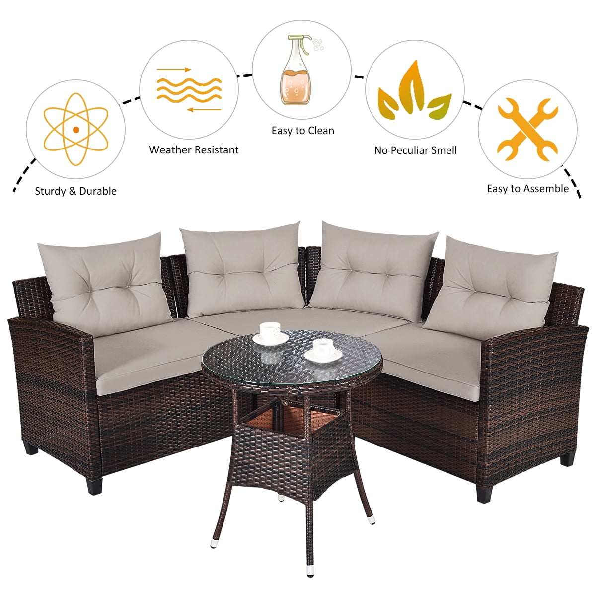 Gymax 4PCS Patio Furniture Set Outdoor Rattan Sectional w/ Cushioned Sofa Table