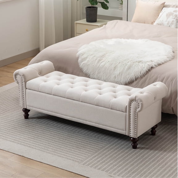 BRILHAMEZ 58" Button Tufted Storage Bench with Rolled Arms, Linen Upholstered Ottoman with Nailhead Trim for End of Bed, Beige