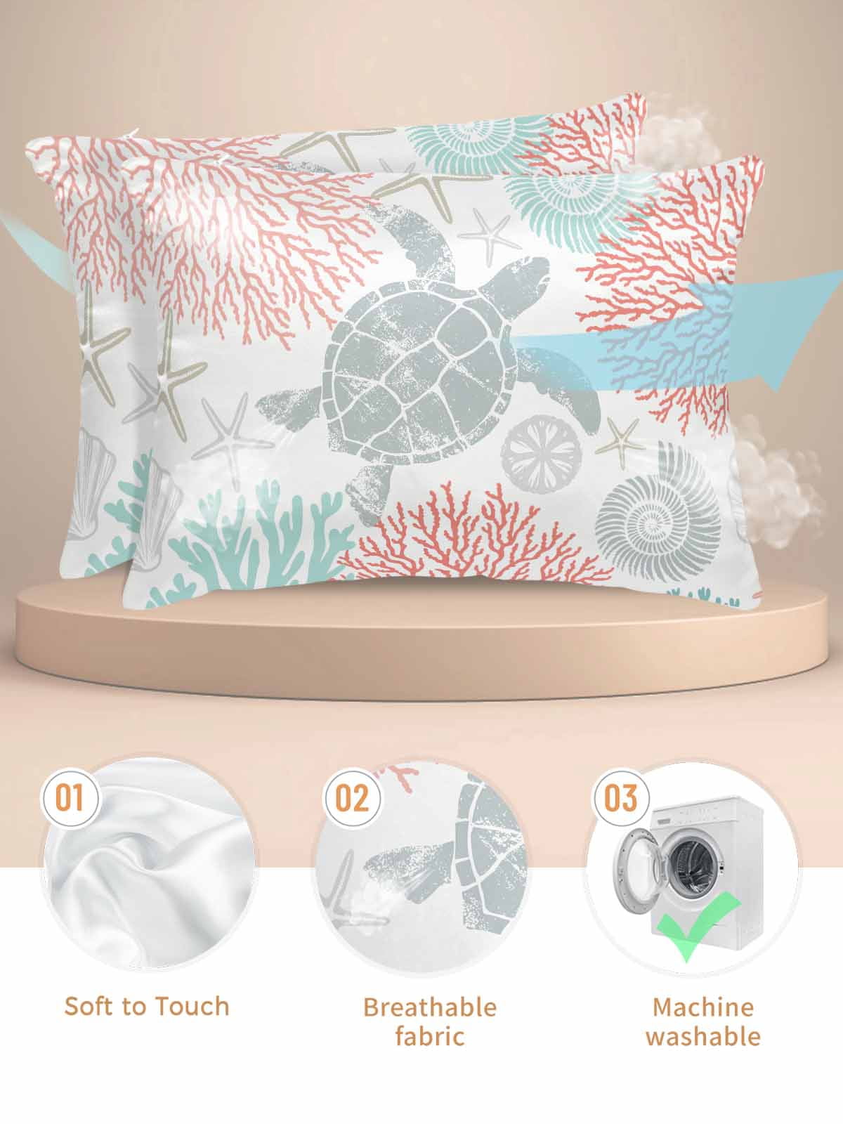 Teal Red Coastal Turtle Pillow Cases Standard Size Set of 2, Smooth Satin Pillowcase for Hair and Skin, Ocean Coral Nautical Decorative Cooling Bed Pillow Covers with Zipper, 20x26 Inches