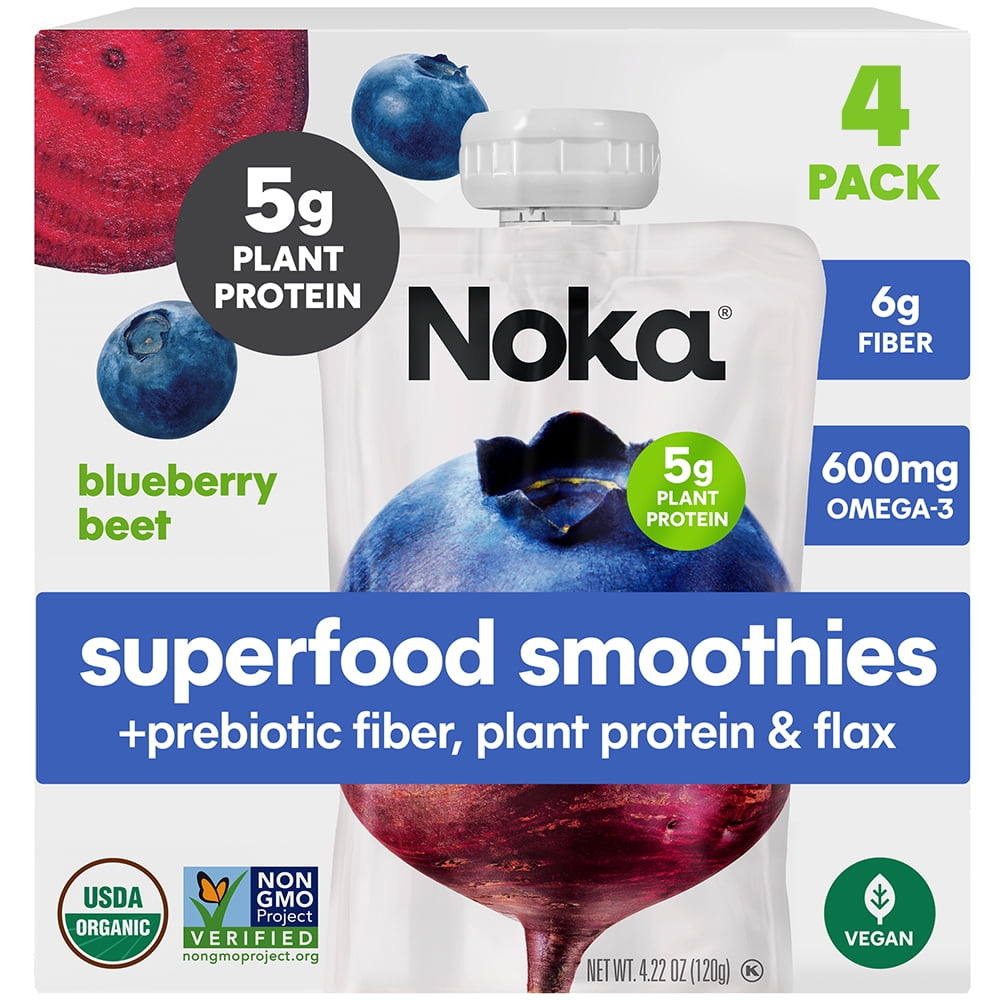 (3 pack) Noka Organic Superfood Smoothie Pouches, Plant Protein, Blueberry Beet, 4.22oz, 4 Pack