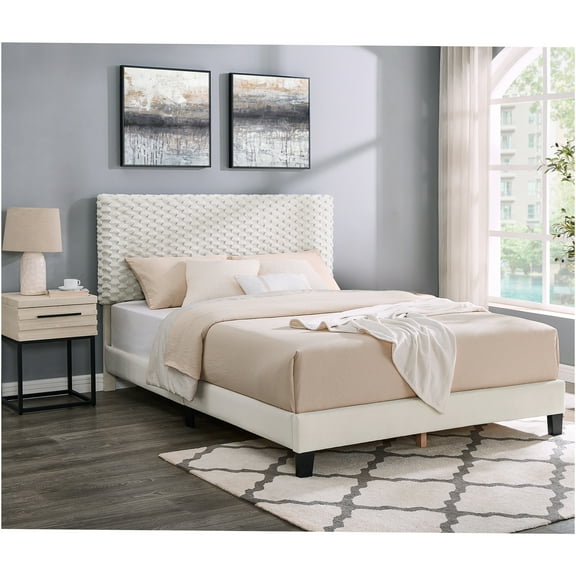 JERFIT Modern Upholstered Queen Platform Bed Set with Nightstand, Off-White Fabric 2-Piece Bedroom Furniture, No Box Spring Needed