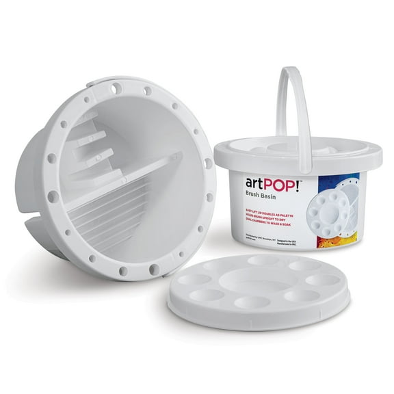 artPOP! Brush Basin, Multi-Use Brush Tub with Paint Brush Holder, Dual Chamber Artist Brush Washer with Palette Lid