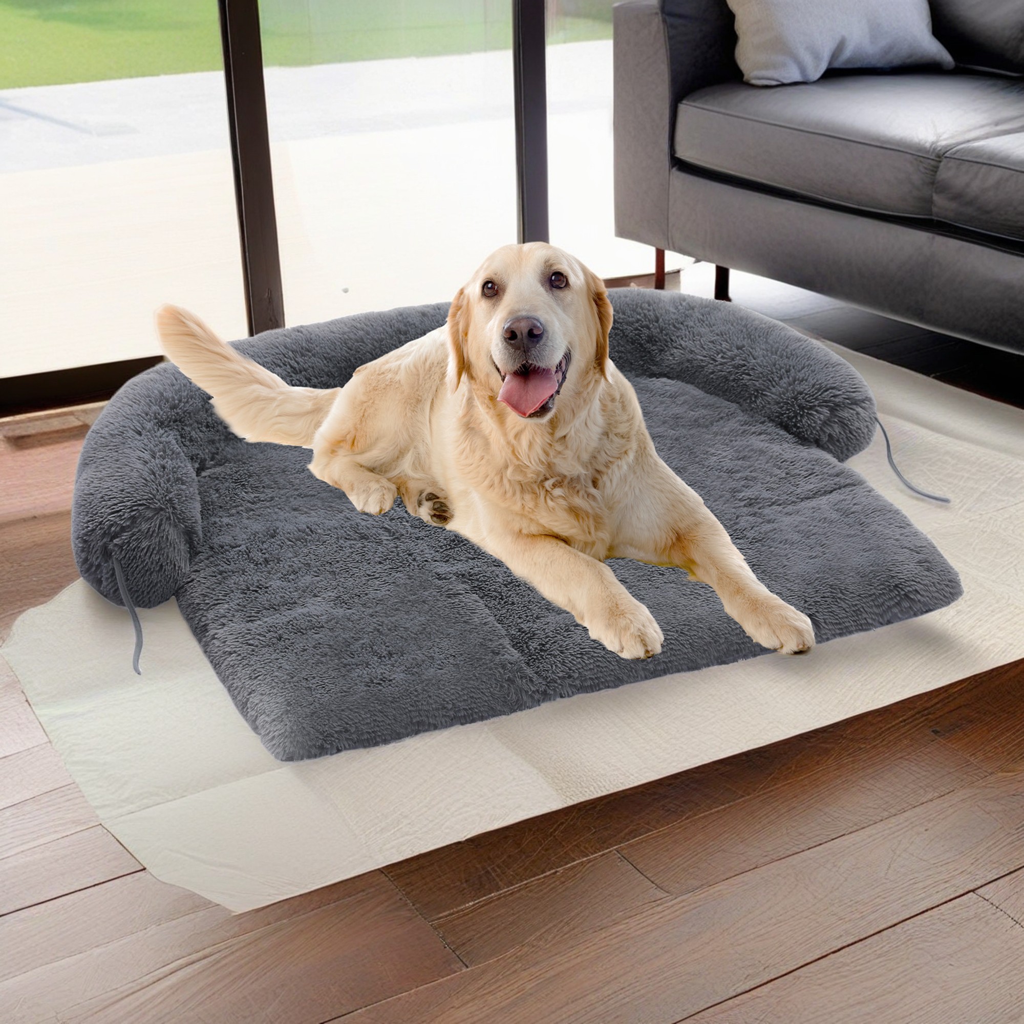 resenkos 45" Plush Long Fur Dog Couch Bed, Dog Bed Mats with Anti-Slip Bottom, Washable Removable Couch Cover, Perfect for Medium and Large Dogs Cats, Black