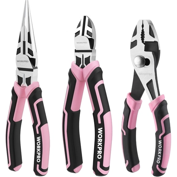 WORKPRO 3-Piece Pliers Set, Pink Tool Set Including Needle Nose & Diagonal Cutting & Slip Joint Pliers for Plumbing, Automotive and General Applications - Pink Ribbon