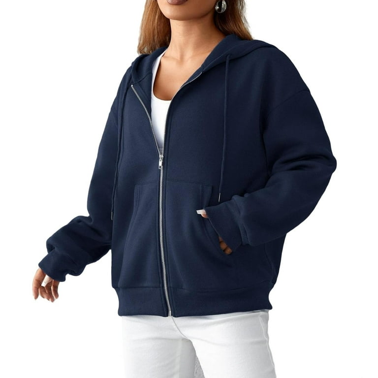 Casual Plain Zip Up Hoodie Navy Blue Women Sweatshirts