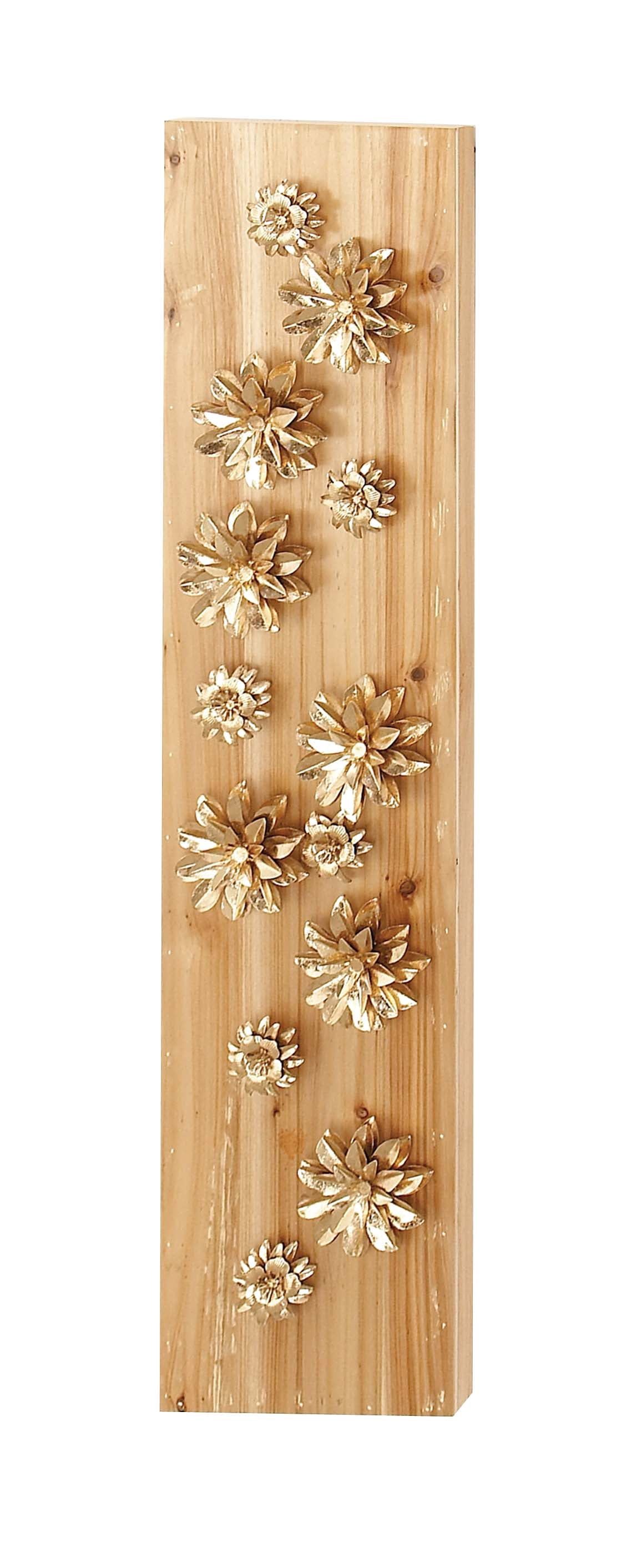Decmode 39 X 9 Inch Natural Wood And Metal Light Gold Petaled Flowers Rectangular Wall Decor, Metallic, Natural Wood