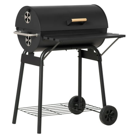 30" Portable Charcoal BBQ Grill, Outdoor Smoker w/ Shelf & Wheels - Steel Barbecue Grill for Patio, Camping, Picnic - Black Black   Carbon steel