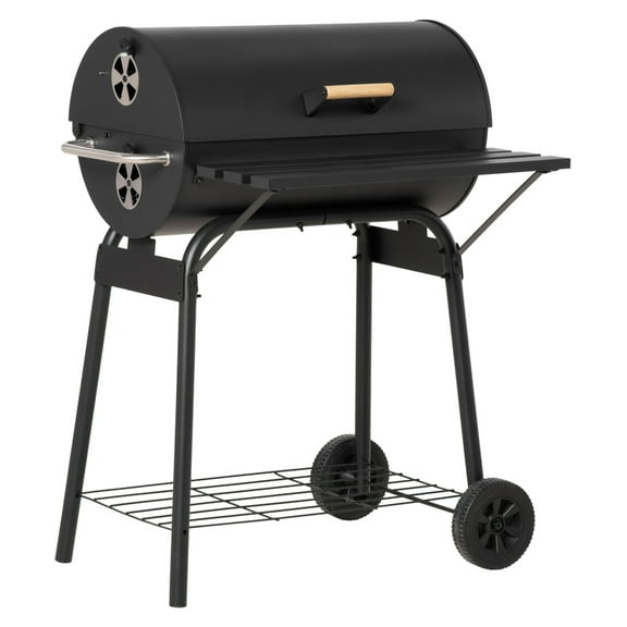 30" Portable Charcoal BBQ Grill, Steel Outdoor Barbecue Smoker with Storage Shelf, Wheels for Garden Camping Picnic, Black