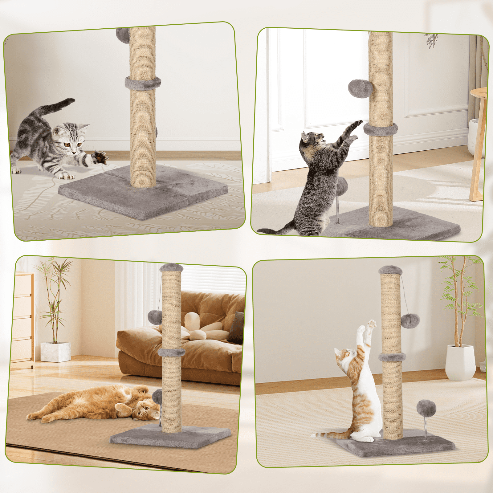 Dkelincs Cat Scratching Post with Sisal & Spring Ball Toy 22" Tall Cat Scratcher for Indoor Cats/Kittens Natural Sisal Scratch Post Trees for Living Room Bedroom, Light Gray