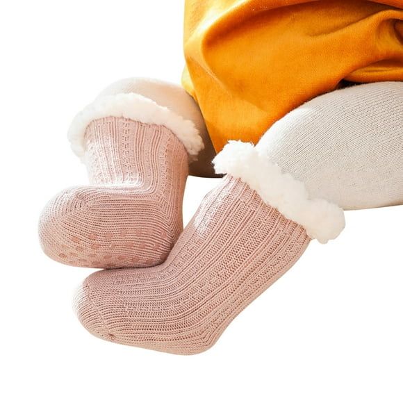 Ketyyh-chn99 Toddler Socks Girls Solid Ankle Crew Socks Toddler Kids Unisex Fleece Lined Warm Thick Cotton (Pink, 0-6 Months)