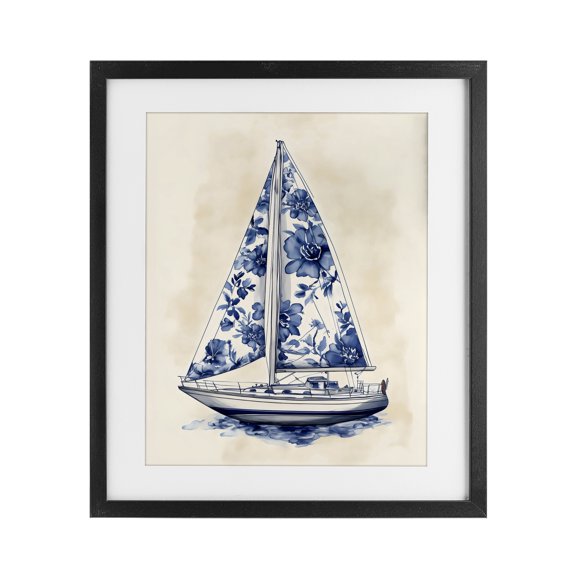 Stupell Industries French Country Blue Floral Sailboat Black Framed Print Under Glass, 13 x 16, by Arlington Prints