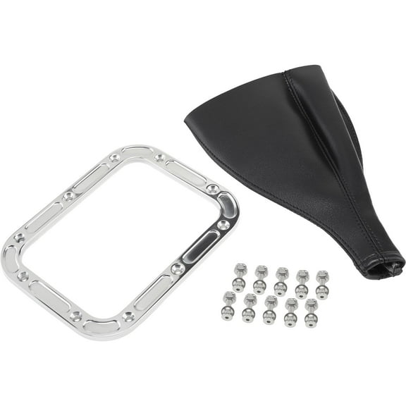 Speedway Motors Rectangle Shifter Boot with Polished Billet Aluminum Ring, Universal Fit Black Vinyl Boot, Stainless Hardware Included, 6.75 x 5.25 Inch Floor Mount Bezel Trim
