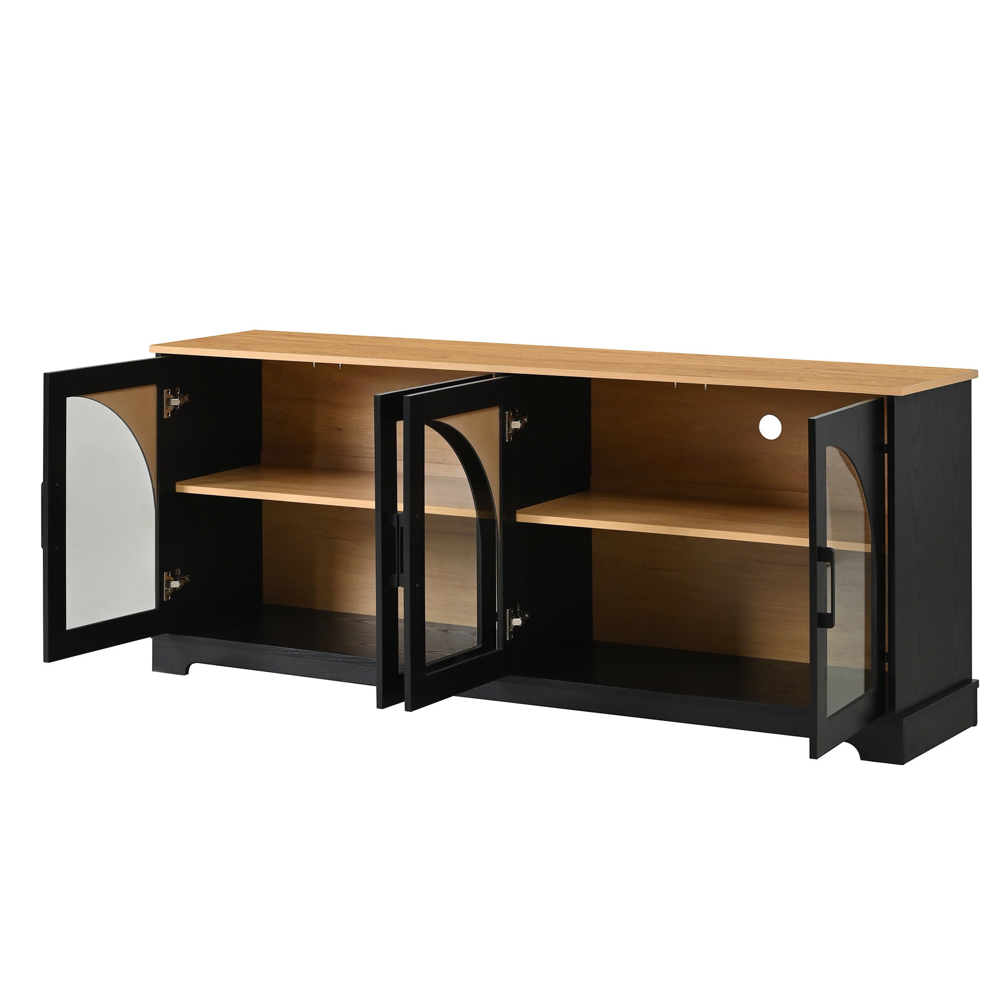 PORKISS Two-Tone TV Stand for 70", Vintage Media Console Cabinet with 4 Arched Tempered Glass Doors, Entertainment Center with Cable Management and Storage, Black