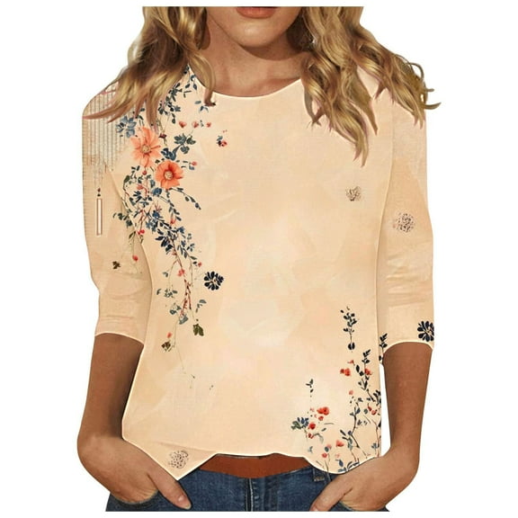 CYMMPU Spring Tops Crew Neck Floral Printed Loose Fit 3/4 Sleeve Fall Fashion Shirts Blouses for Women Dressy Casual Tunic Tops Lightweight Basic T-Shirts Yellow XXL