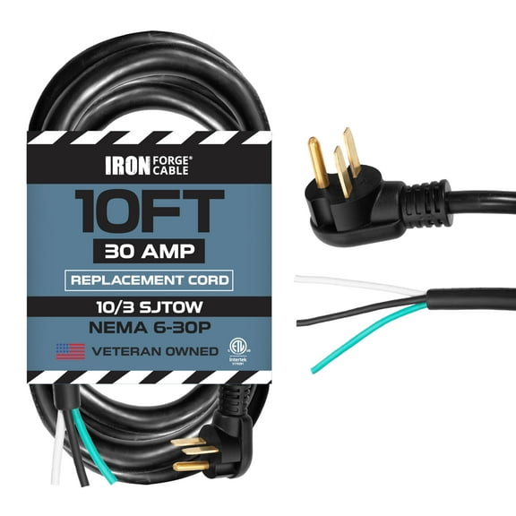 Iron Forge Cable 10 Gauge NEMA 6-30P Power Cord Replacement - 10 ft 30 Amp Black Heavy Duty, 10/3 SJTOW 3 Prong Cable Water & Oil Resistant for Heavy-Duty Equipments