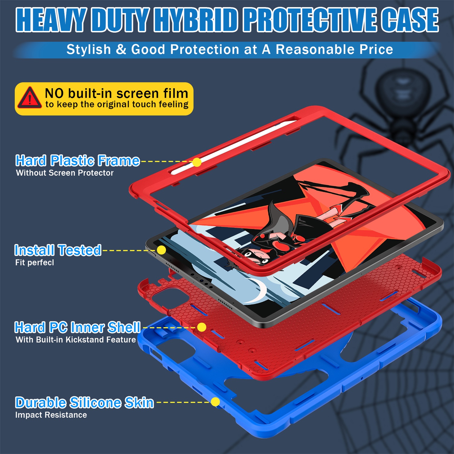 Kids Case for iPad 9th/8th/7th Generation with Pencil Holder, Lightweight Shockproof Stand Anti-Slip Rugged Silicone PC Case Cover for iPad 10.2" 2021/2020/2019 for Boys Girls, Blue+Red