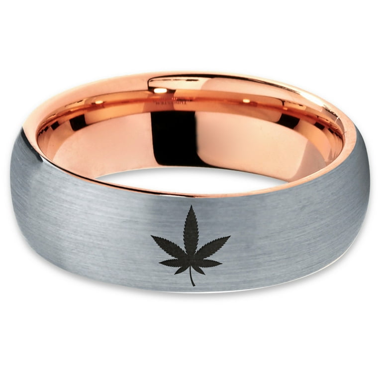 Tungsten Marijuana Weed Cannabis Leaf Band Ring 8mm Men Women Comfort Fit  Black Dome Brushed Gray Polished 