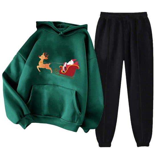 2 Piece Outfits for Women Oversized Long Sleeve Hoodie Pullover Sweatshirt Tracksuit Jogger Sweatpants with Pockets Cute Christmas Prints Loungwear Matching Sets