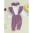 thumbnail image 3 of Nygoyerh Newborn Baby Girls Outfit Long Sleeve Romper + Ruffle Trim Overalls + Headband 3PCS Set Cute Infant Clothing 3M 6M 9M 12M 18M, 3 of 7