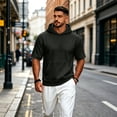 thumbnail image 6 of Mens Summer Hoodies Short Sleeve Lightweight Retro Loose Fit Basic Hooded Tops with Front Pocket Black S, 6 of 7