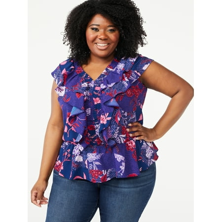 Sofia Jeans by Sofia Vergara Women's Plus Size Smocked Ruffle Top with Short Sleeves