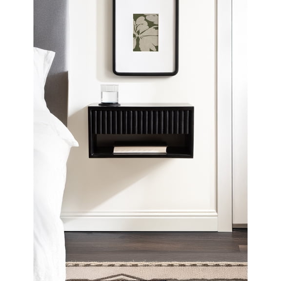Kate and Laurel Reid Ribbed Wooden Tiered Floating Side Table, 18 x 10 x 9, Black, Modern Rectangular Mango Wood Floating Nightstand with Drawer for Bedroom Storage or Living Room End Table