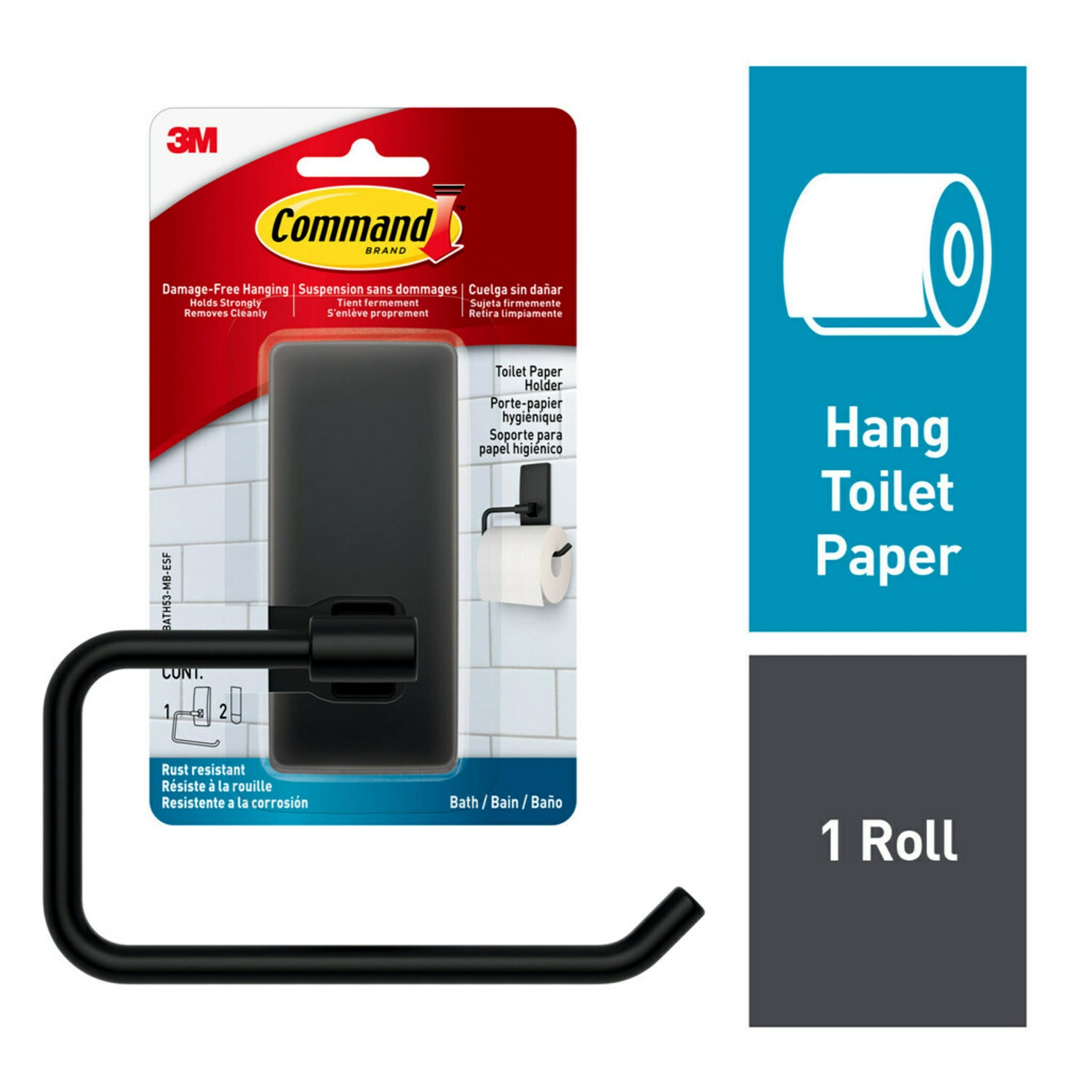 Command Bath Matte Black Toilet Paper Holder, 1 Holder and Command Bath Matte Black Towel Ring, 1 Ring