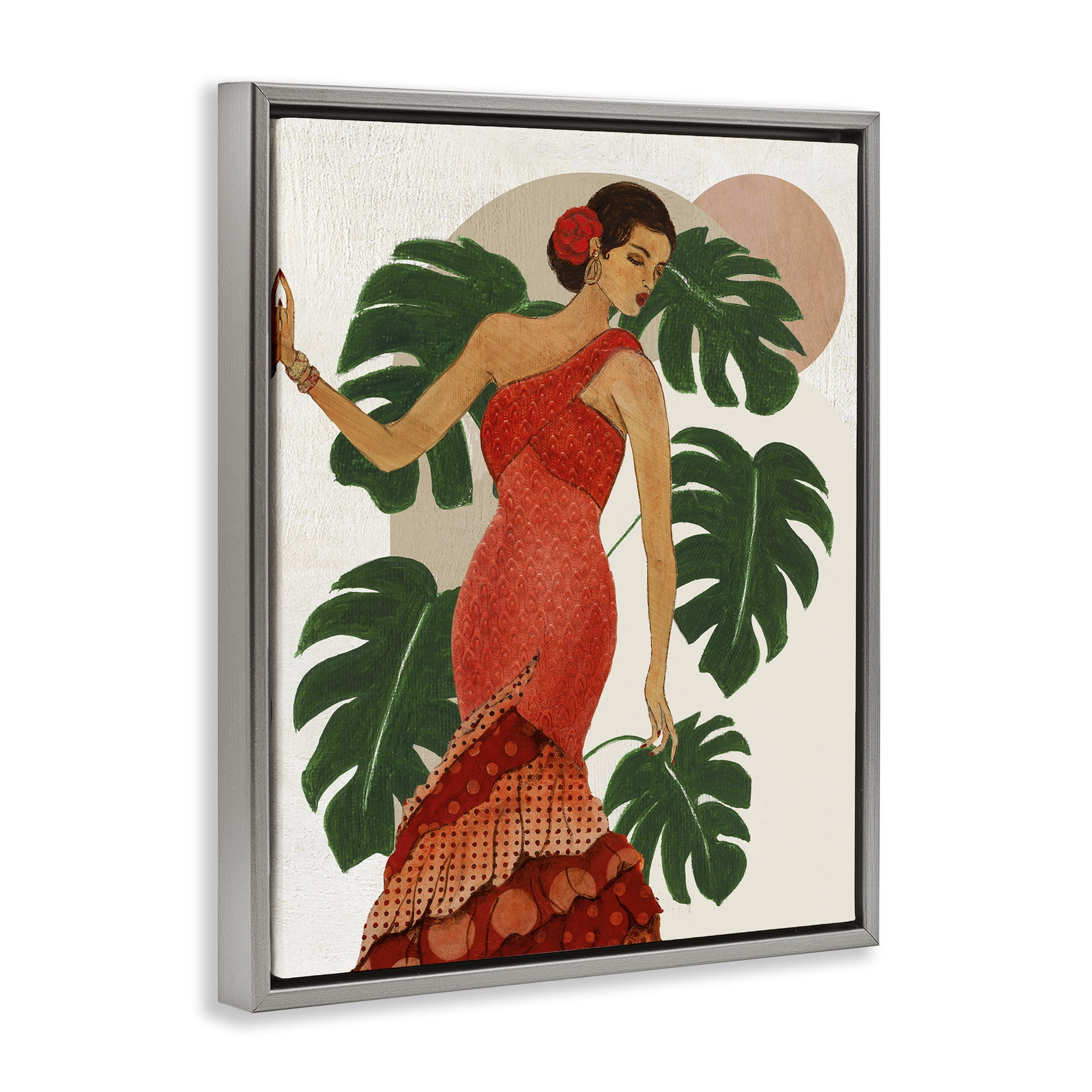 Stupell Industries Fashionable Woman with Leaves People Painting Gray Floater Framed Canvas Art Print Wall Art, 25 x 31