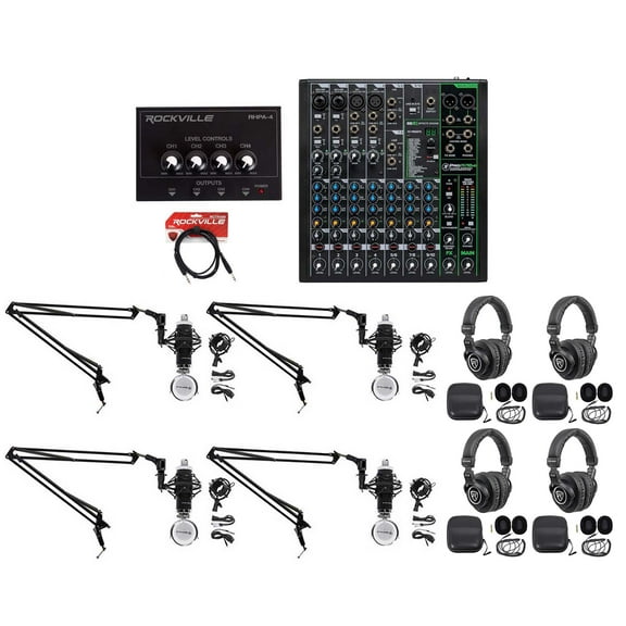 4-Person Podcast Podcasting Recording Kit w/Mackie ProFX10 v3 Mixer Boom Arms