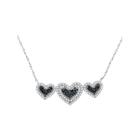 10k Triple Heart - 3/8 Carat (ctw Clarity I2-I3) Black and White Diamond Triple Heart Necklace in 10K White Gold