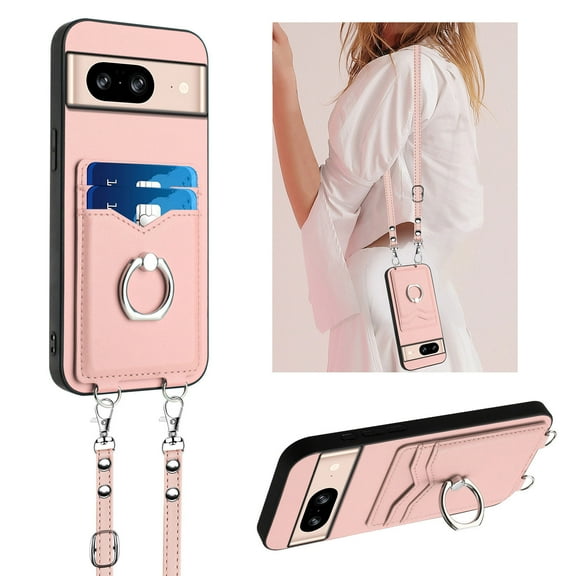 for Google Pixel 8 PU Leather Phone Case Cover, Classic Shoulder Strap Card Slots Shockproof Protective Ring Bracket Anti-scratch Ultra Slim Back Case for Google Pixel 8 - Rosegold