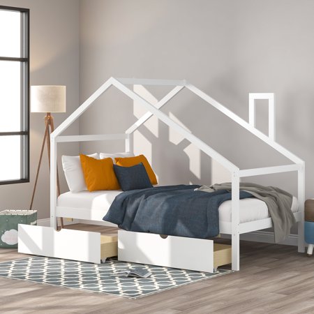 Euroco Twin Size House Bed with Roof  2 Storage Drawers for Kids Room  White
