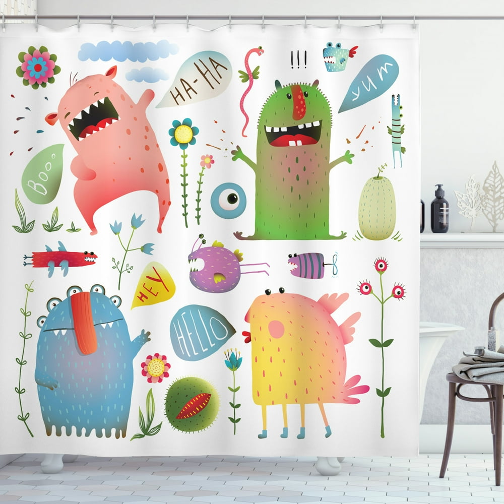 Monster Shower Curtain, Cute Alien Creatures Laughing Design with ...