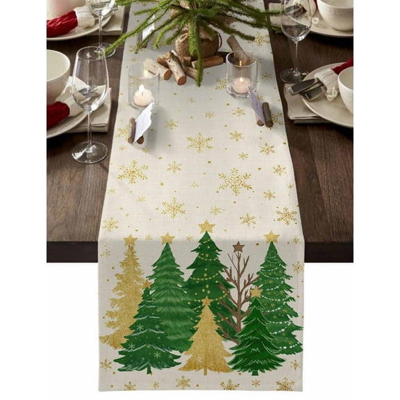 ERUNPONLY Christmas Tree Table Runner - 60 Inch Long Xmas Snowflake Green Golden Rustic Cotton and Linen Blended Dress Scarves Farmhouse Table Runner for Kitchen Dining, Coffee Table, 13" x 60"
